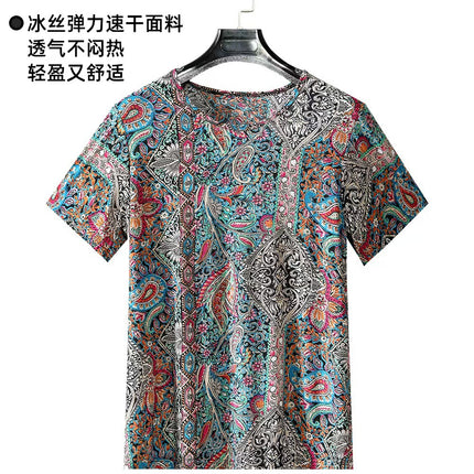 Foreign Trade Plus Size Middle-aged and Elderly Summer Thin Breathable Nine-point Flower Pants Mom Pants Ice Silk Loose Straight Pants
