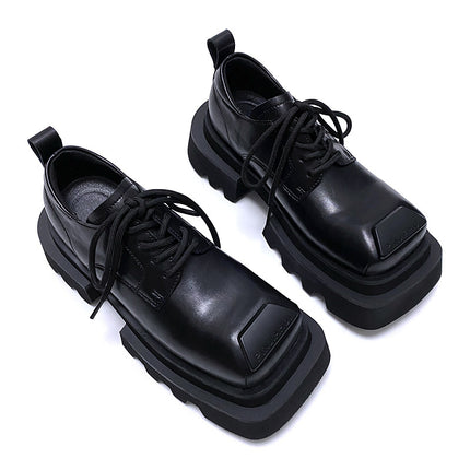 High-End Square-Toe Leather Shoes for Men, Niche Design Suit Shoes, Large-Toe Thick-Soled Heightening Versatile Derby Shoes for Men and Women