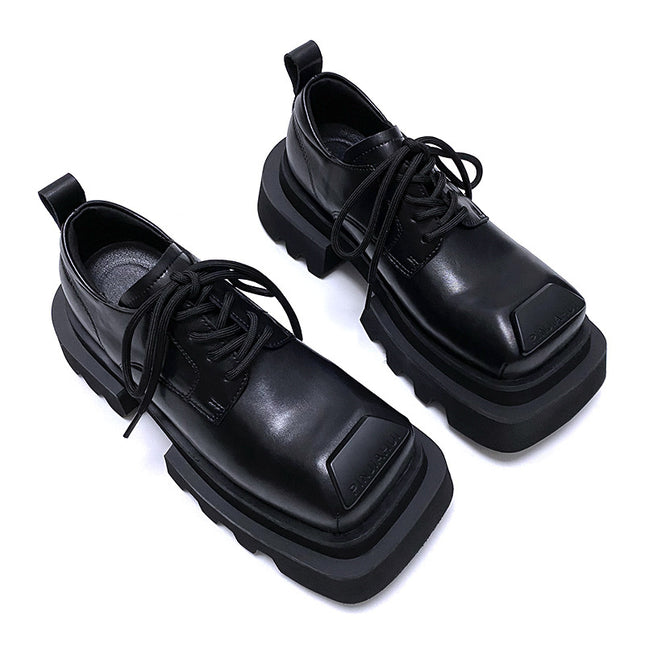 High-End Square-Toe Leather Shoes for Men, Niche Design Suit Shoes, Large-Toe Thick-Soled Heightening Versatile Derby Shoes for Men and Women