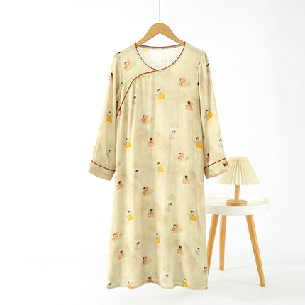 Chinese Style National Style Nightdress Women's Long Sleeve Spring and Summer Thin Bamboo Cotton Double Gauze Pajamas Bamboo Fiber Loose Home Dress