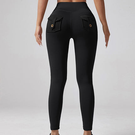 European and American Cross-Border V-Waist Yoga Elastic Leggings for Women, Peach Butt-Lifting Running Quick-Dry Yoga Pants with Cargo Pockets