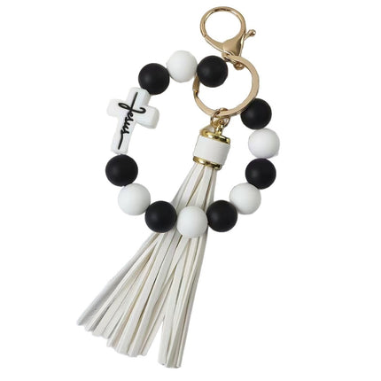 Cross-Border New Cross Silicone Bead Wrist Bracelet Keychain Handbag Leather Tassel Anti-Loss Pendant
