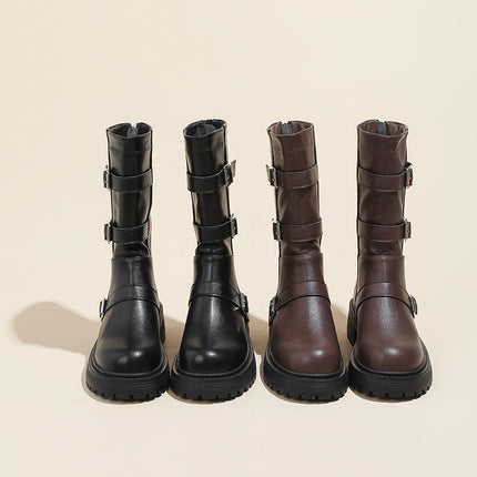 British Style Belt Buckle Mid-Calf Boots 2024 Autumn and Winter New Round Toe Thick Heel Boots Women's Western Knight Boots