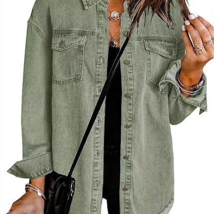 Cross-border New Washed Denim Shirt Jacket 2024 European and American Women's Autumn and Winter Distinctive Street Style Edge Hem Jacket