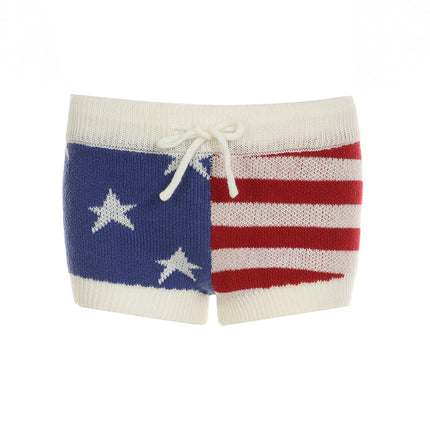Street Style Sexy Low-Waist Star Stripesd Contrasting Woolen Shorts Sexy Lace-Up Slim Fit Versatile Retro Style Hot Pants