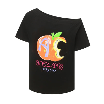 Areswings American Abstract Apple Letter Pattern Printed Slanted Shoulder Short-Sleeved T-Shirt Women's Summer Sexy Top