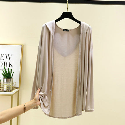 Modal Hooded Cardigan Women's Summer 2025 Thin Long-sleeved Air-conditioning Shirt Loose Sun-protective Clothing Solid Color Top Jacket