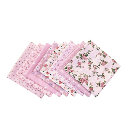 8-Piece Set of Pink Floral Pure Cotton Decorative Fabric for Home Textile Patchwork, Fresh and High-Quality