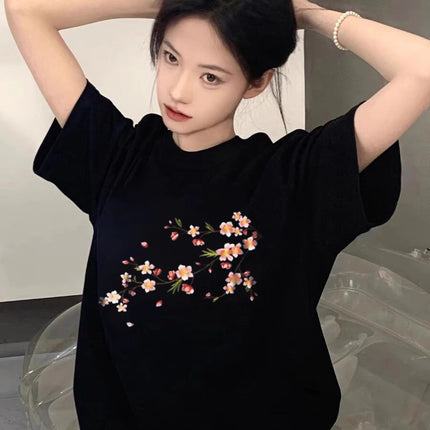Summer Pure Cotton Short-Sleeved T-Shirt for Women 2026 Plum Blossom Print Design Niche American High Street Loose Half-Sleeved Top