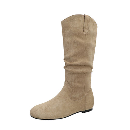 Retro Boots for Women 2025 Autumn New Round Toe Pleated Pile Boots with Increased Soft Sole Suede Over-The-Knee Boots