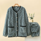 Round neck-shu cotton velvet-twisted flower-grey blue / M