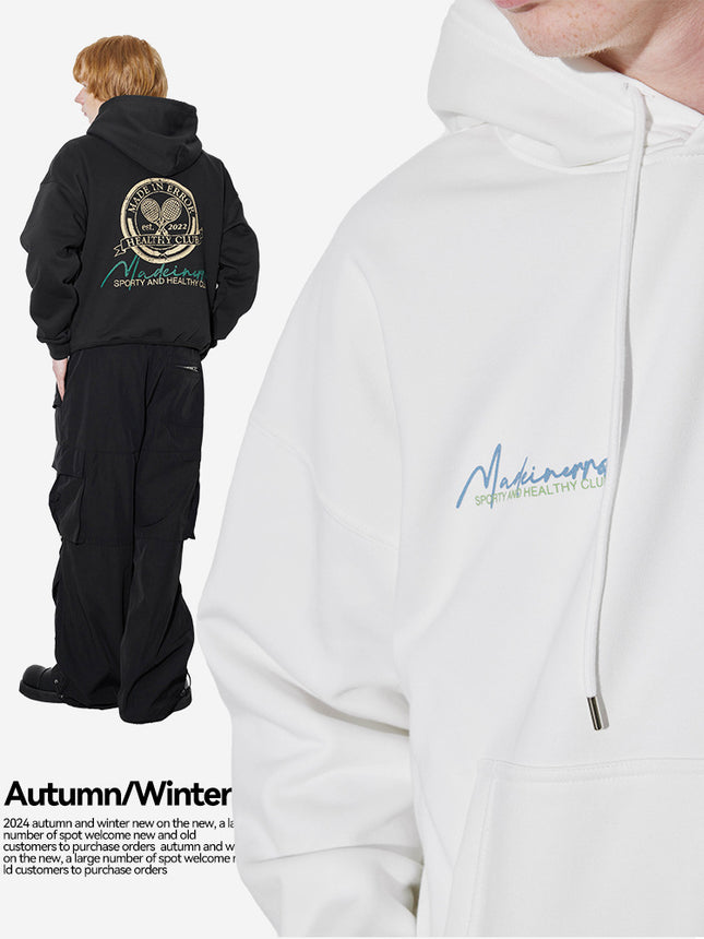 Unf 2024 Autumn and Winter New American Heavyweight 440g Loose Tennis Theme Printed Velvet Hooded Sweatshirt for Men and Women