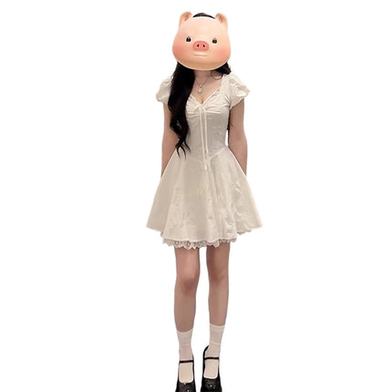 2025 Summer Exclusive White Puffy Short Skirt for Petite Women with Exquisite Lace Trim and Waist-Cinching Design That Exudes a Fairy-Like Vibe