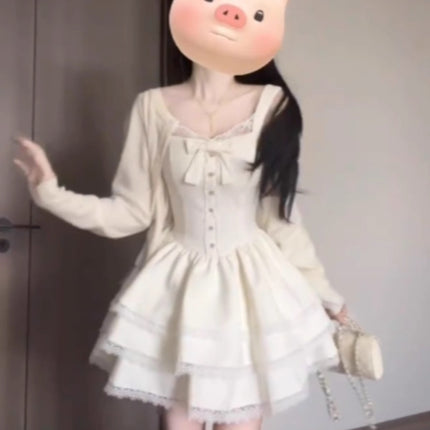 French Sweet Unique Super Good-looking Cardigan Coat Puffy Cake dress Two-piece Set for Small Spring and Autumn Wear