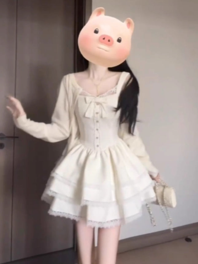French Sweet Unique Super Good-looking Cardigan Coat Puffy Cake dress Two-piece Set for Small Spring and Autumn Wear