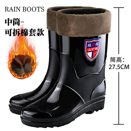 Men's High-Tube Black Rain Boots for Foreign Trade, Waterproof and Non-Slip Kitchen Water Shoes, Warm Mid-Tube Men's Water Boots, Rain Boots