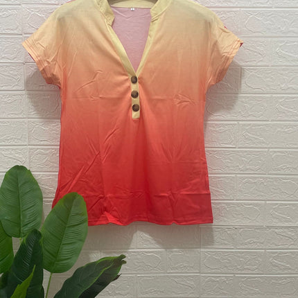 European and American Cross-Border 2024 Export Spring and Summer New Products Amazon Wish Gradient Printed Twist Button Fashion Short-Sleeved T-Shirt for Women