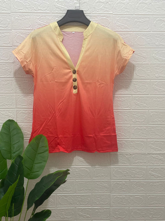 European and American Cross-Border 2024 Export Spring and Summer New Products Amazon Wish Gradient Printed Twist Button Fashion Short-Sleeved T-Shirt for Women