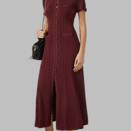 Cross-Border S Brand French Style New High-End Chanel-Inspired Hollow Lace Sleeve Slim-Fit Split Knit Dress