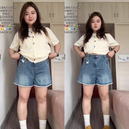 Plus Size Fat mm Lace Denim Shorts Women's Summer New High-Waist Slim Pear-Shaped Figure A-Line Straight Shorts