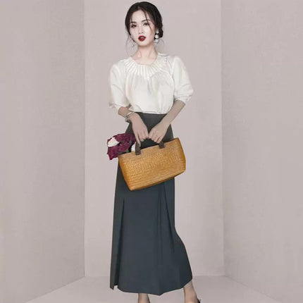Cross-border 2024 summer new organ pleated neckline bubble sleeve top high waist pleated skirt two-piece suit