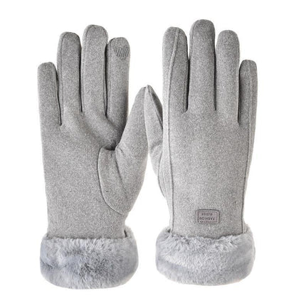 2025 Wholesale Cute Fur Touch Screen Warm Gloves Suede Women's Winter Plus Velvet Thickened Cycling Finger Gloves