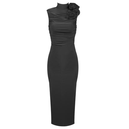 In Stock | New Foreign Trade Style Long Sleeveless Dress with Ruched 3D Floral Design, White Summer Women's European and American Style Bodycon Dress.
