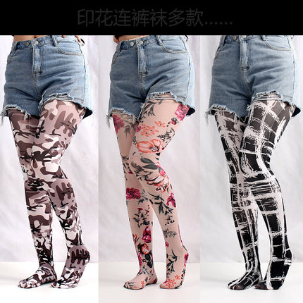 Cross-border spring and autumn thin fashion pantyhose women's stockings flower camouflage chain printed pantyhose summary batch