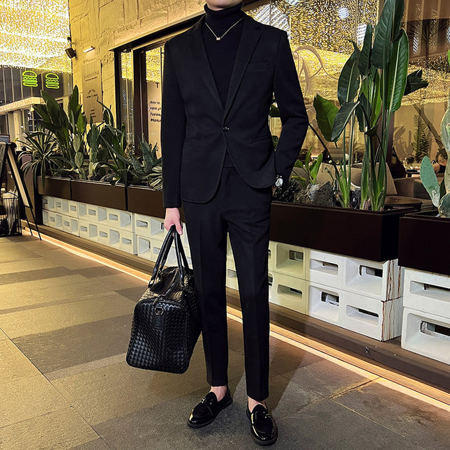 Woolen Suit Set for Men, Autumn and Winter Thickened Suit Two-Piece Set, Light Business Casual Single-Button Formal Wear