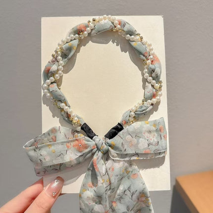 Sweet Floral Pearl Long Strap Hair Band Headband Summer New Sweet Tie Hair One-piece Pressure Hair Headband Women