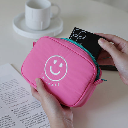 Cute Smiling Face Storage Bag, Multi-Functional Fabric Makeup Bag, Portable Clutch Bag, Female Japanese-Style Student Small Bag, Contrasting Colors