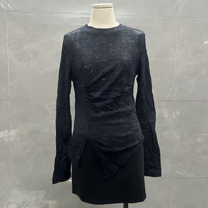 Round Neck Design Brushed Heart Lace Long-Sleeved T-Shirt Women's Bottoming Shirt Slimming Look Asymmetrical Pleated Top
