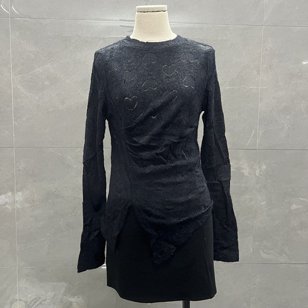 Round Neck Design Brushed Heart Lace Long-Sleeved T-Shirt Women's Bottoming Shirt Slimming Look Asymmetrical Pleated Top