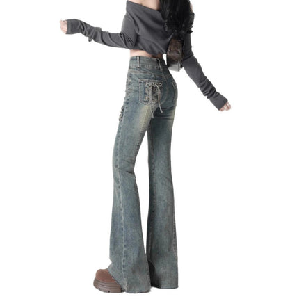 High-Waisted Flared Jeans for Women 2025 Summer Trendy Versatile Bow Design Slim Fit Flared Pants