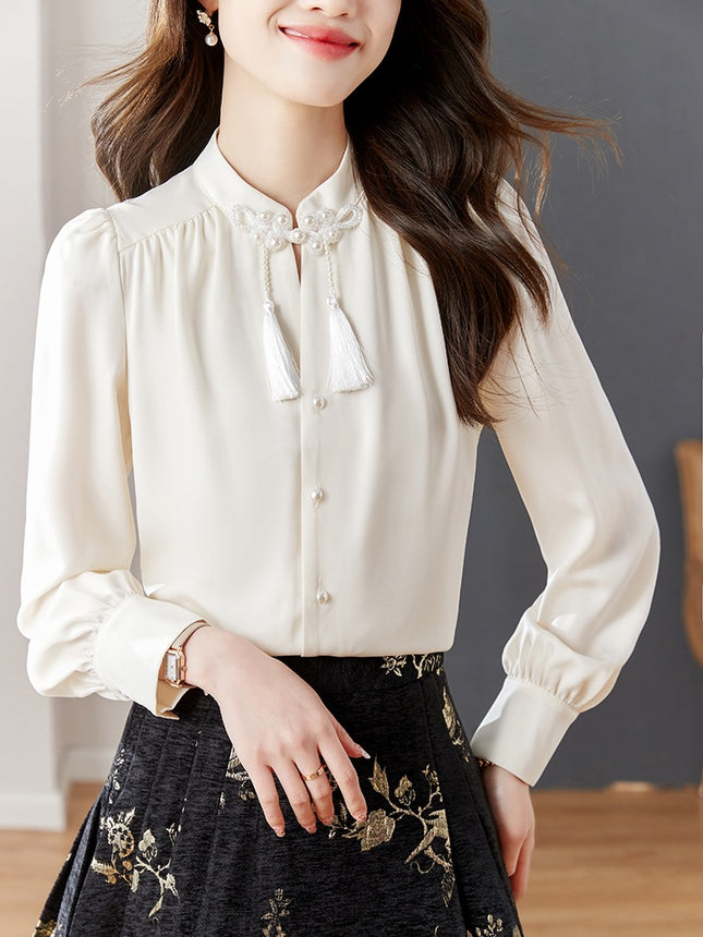 New Chinese Style Chinese Style Zen Style Improved Hanfu Long Sleeve Shirt Women's Matching Horse Face Skirt Elegant Top