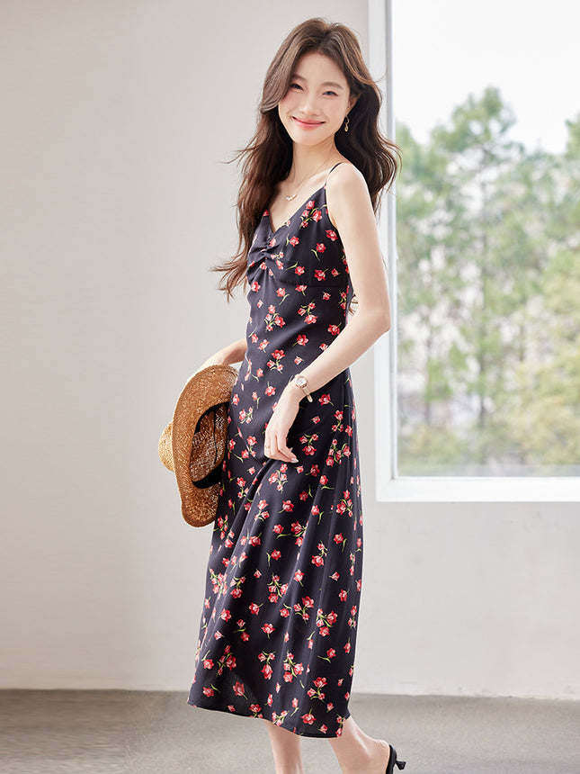 Fairy-Like Ultra-Fairy Style Spaghetti Strap Floral Dress Cardigan Elegant Petite Outfit Complete Chiffon Women's Dress