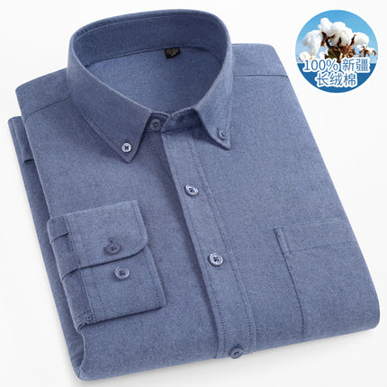 Spring and Autumn Pure Cotton Brushed Pure Color Shirt Men's Long-Sleeved Pure Cotton Anti-Wrinkle Slim Tb Casual Business Men's Shirt Men