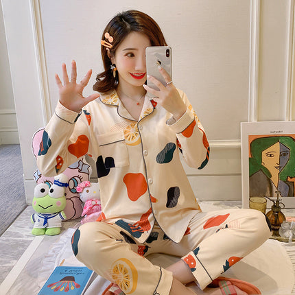 [Factory Wholesale] Women's Pure Cotton Pajamas, Spring and Autumn Style, Long-Sleeved, Long Pants, Can Be Worn Outside, Sweet Student Homewear Set