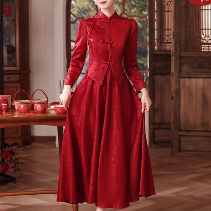 Chinese Style Toasting Dress New Style Bride's Vertical Collar Long Sleeve Slimming Back Door Dress Red Engagement Dress Women's Cheongsam Xiuhe Dress