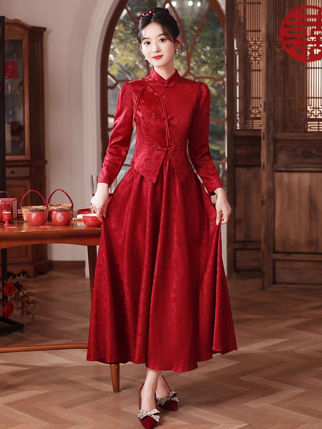 Chinese Style Toasting Dress New Style Bride's Vertical Collar Long Sleeve Slimming Back Door Dress Red Engagement Dress Women's Cheongsam Xiuhe Dress