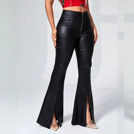2025 Cross-Border Supply Women's Casual Leather Pants Pu Leather Slit Pants Amazon Wish Wholesale Supply Ready for Sale