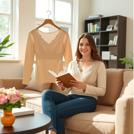 Thickened Double-Sided German Velvet Integrated Cup with Exquisite Lace Trim, Warm Long-Sleeved Thermal Layer