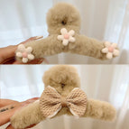 AB brown bow small flower khaki clip (B2934)