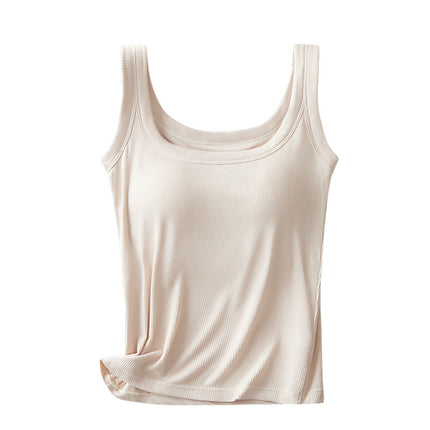 Modal Ribbed Square-Neck Camisole for Women with Built-In Bra Pads, No Need to Wear a Bra, Beautiful Back, Casual and Versatile