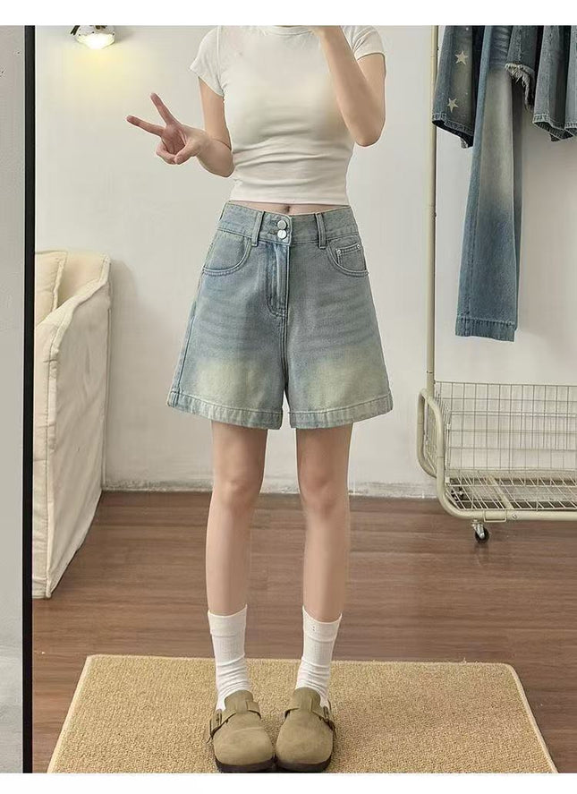 Retro Denim Shorts Women's Summer Thin Large Size Fat mm Pear-Shaped Figure High Waist Slimming Look Loose A-Line Wide Leg Pants