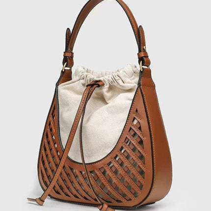 Z Brand Women's Bag 2025 Dark Brown Woven Hollow-Out Bucket Bag Single Shoulder Crossbody Bag European and American Retro Style