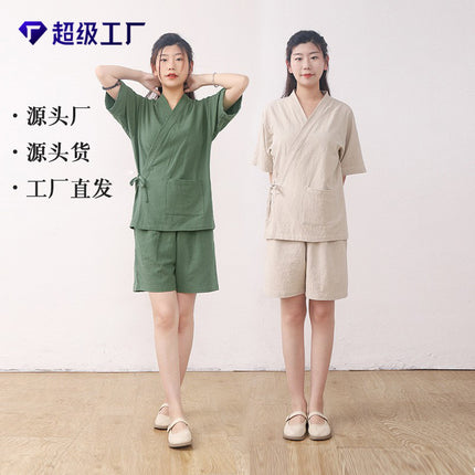 Lusu Cotton Linen Chinese-style Split Home Clothes Two-piece Set for Men and Women Couple Sweat Clothes Massage Clothes Absorbent