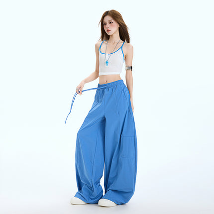 Fashionable Lazy Style Wide-Leg Casual Pants for Women, Summer Thin Design with Spliced Drawstring Elastic Waist, Loose Scimitar Pants