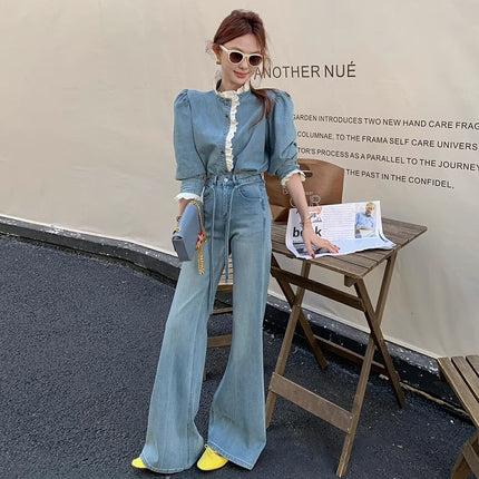 2025 Spring New High Waist Washed Jeans Women's Loose light blue Drawstring Micro-flared All-match Mop Pants