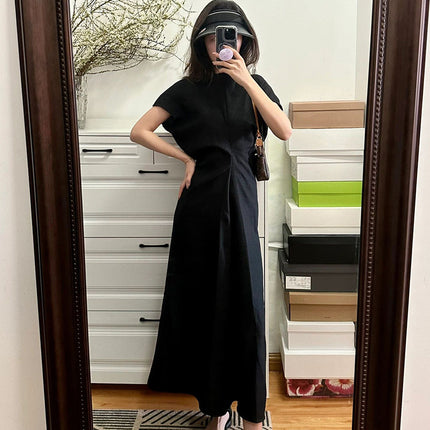 2023 Summer New Pinch Pleated Waist Dress Texture Linen Blended Light Mature Long Dress